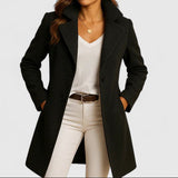 Black long coat with notch lapels, front buttons, and side pockets