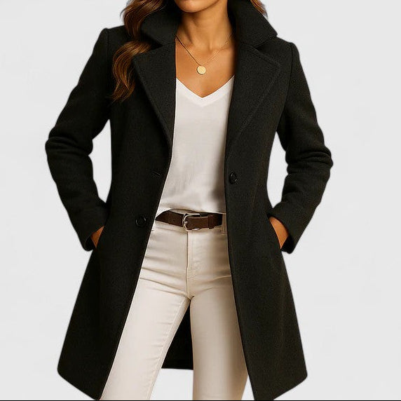 Black long coat with notch lapels, front buttons, and side pockets