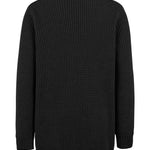 Women's long knit cardigan, black, back view with ribbed hem and cuffs