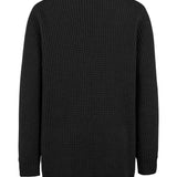Women's long knit cardigan, black, back view with ribbed hem and cuffs