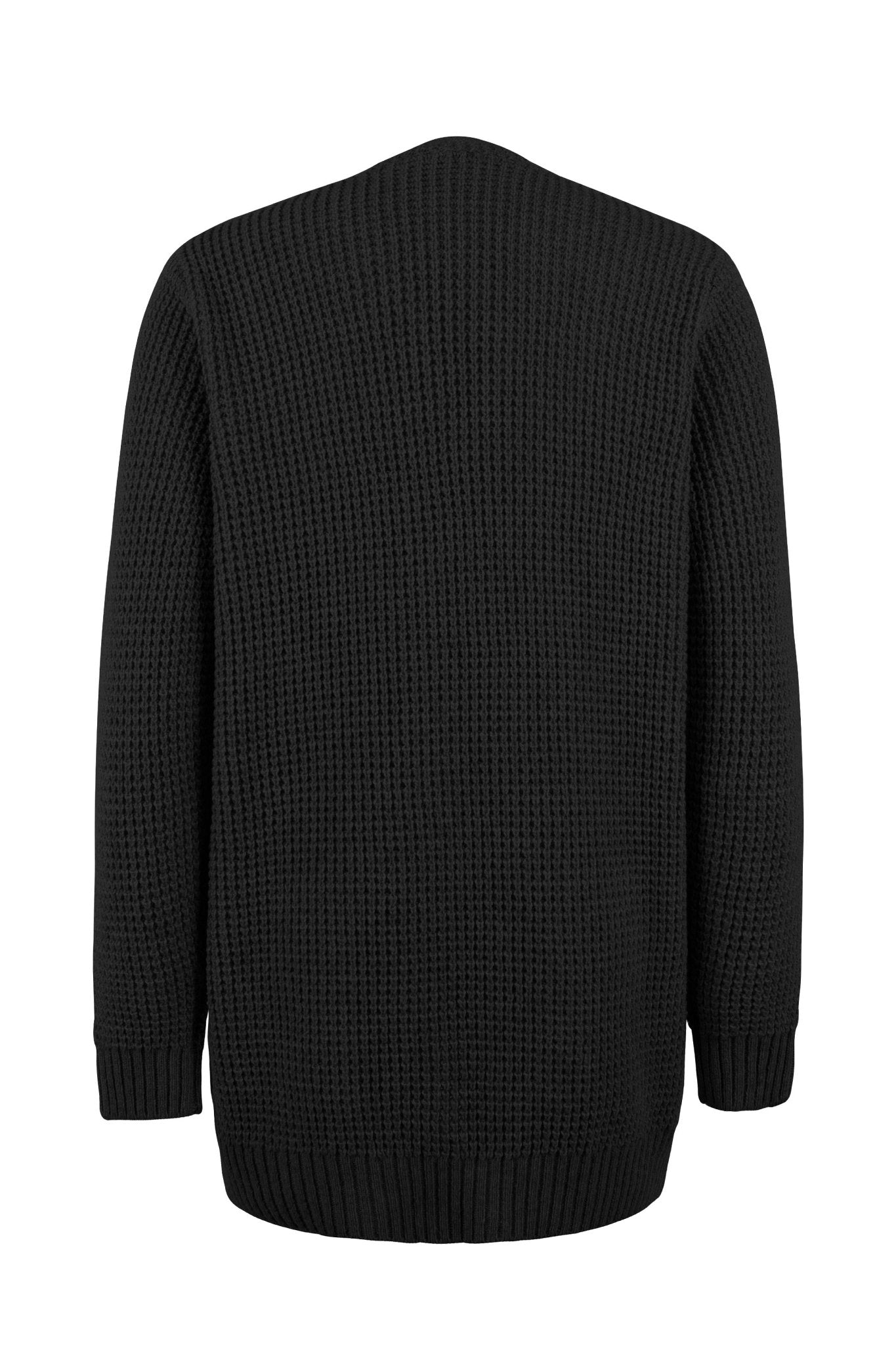 Women's long knit cardigan, black, back view with ribbed hem and cuffs