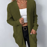 Women's long knit cardigan in green, open front with long sleeves and patch pockets
