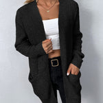 Black knit cardigan with open front and two patch pockets, long sleeves