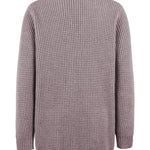 Mauve knit cardigan back view with ribbed cuffs and hem
