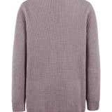 Mauve knit cardigan back view with ribbed cuffs and hem