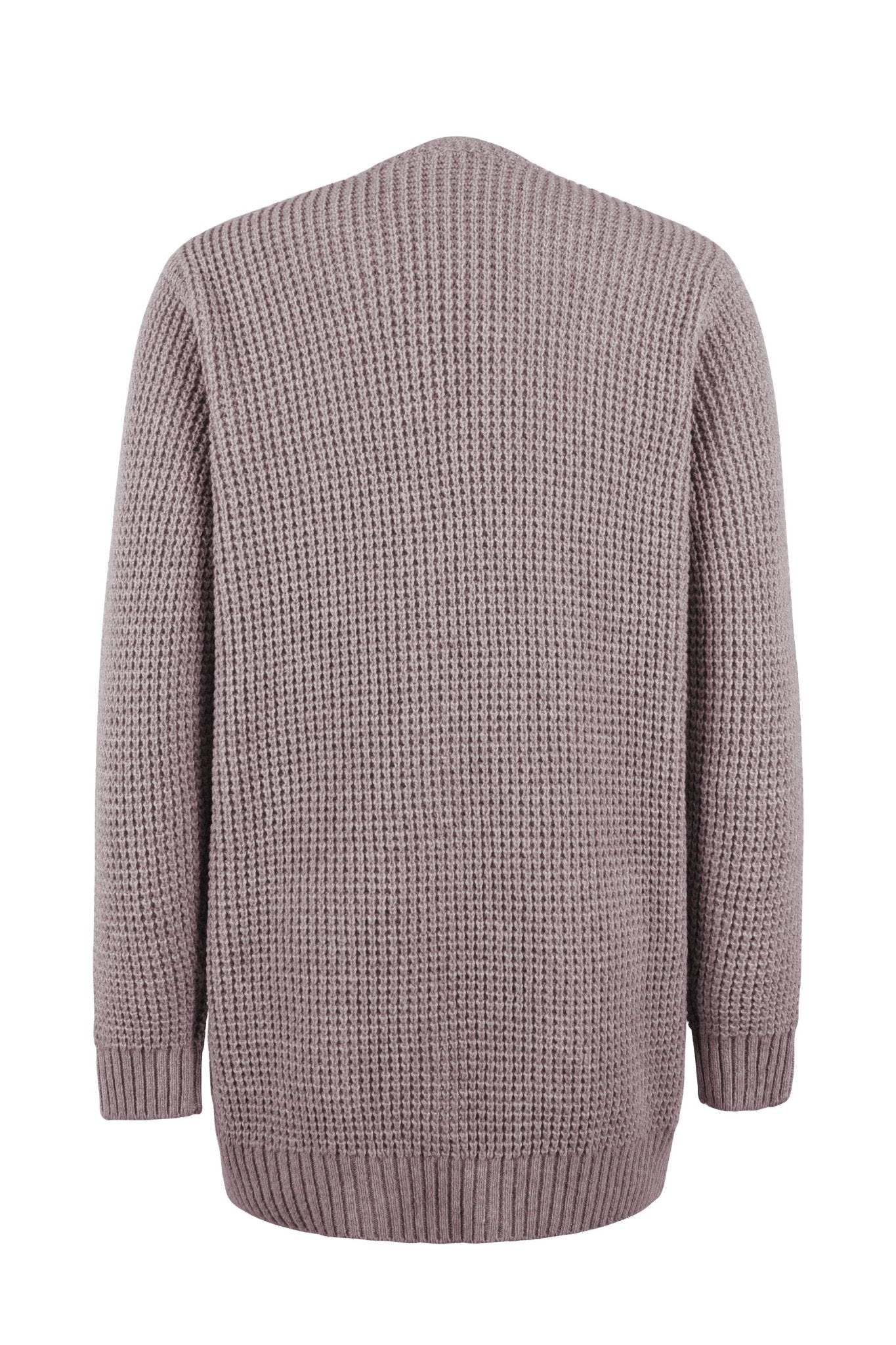 Mauve knit cardigan back view with ribbed cuffs and hem