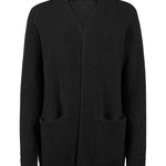 Women's long knit cardigan, black, open front with two patch pockets