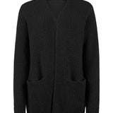 Women's long knit cardigan, black, open front with two patch pockets