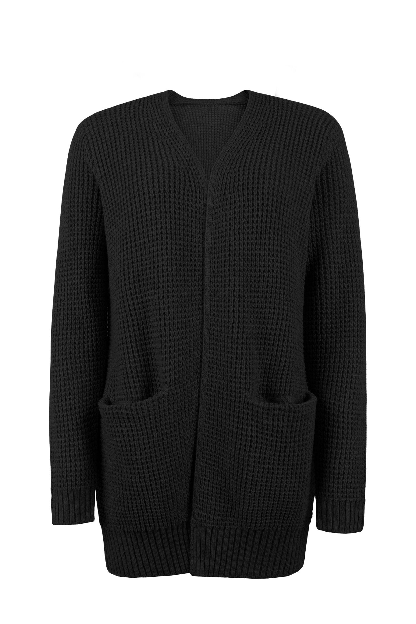 Women's long knit cardigan, black, open front with two patch pockets