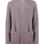 Mauve knit cardigan with open V-neck and two front patch pockets, long sleeves