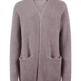 Mauve knit cardigan with open V-neck and two front patch pockets, long sleeves