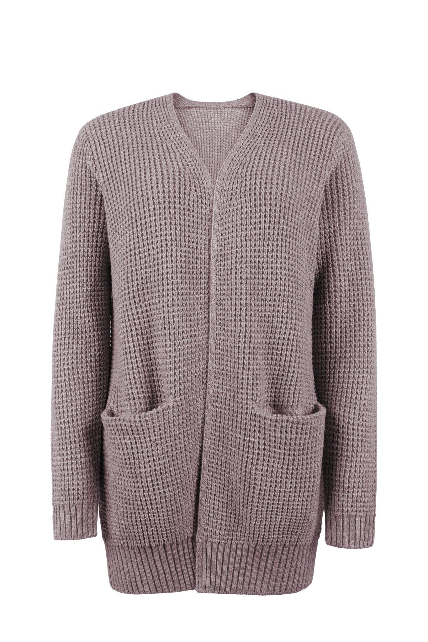 Mauve knit cardigan with open V-neck and two front patch pockets, long sleeves