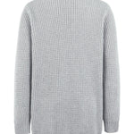 Light gray knit cardigan back view with open V-neck and ribbed hem
