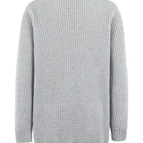 Light gray knit cardigan back view with open V-neck and ribbed hem