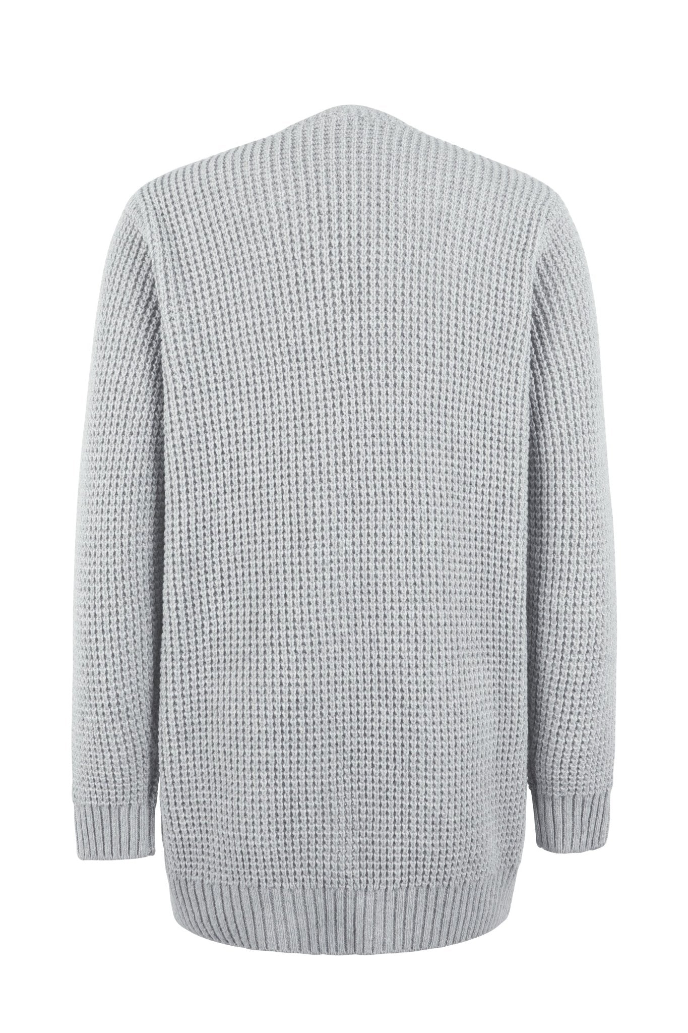 Light gray knit cardigan back view with open V-neck and ribbed hem