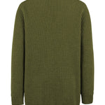 Women's long knit cardigan, green, back view with ribbed cuffs and curved hem