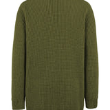 Women's long knit cardigan, green, back view with ribbed cuffs and curved hem