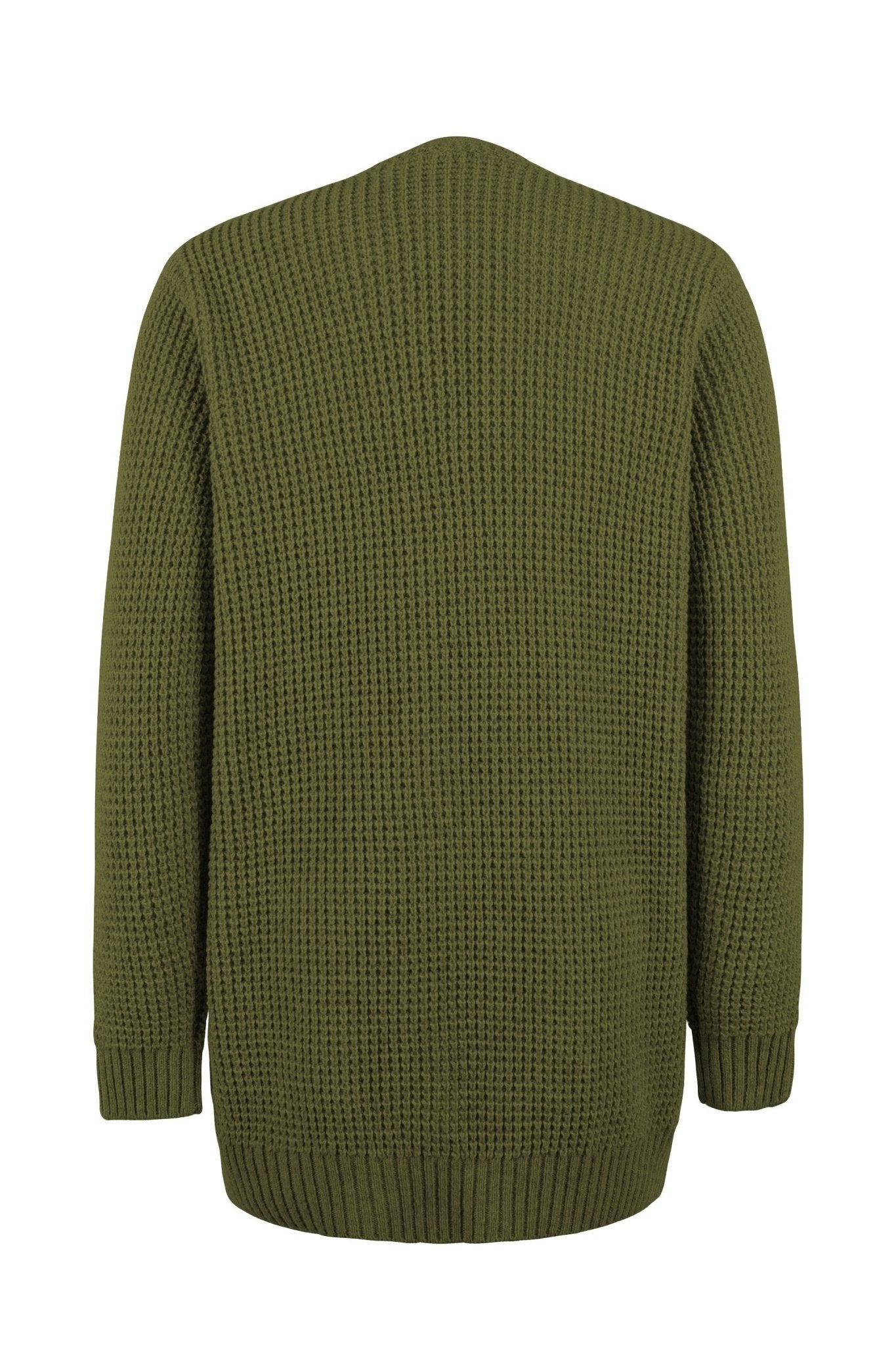 Women's long knit cardigan, green, back view with ribbed cuffs and curved hem