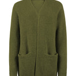 Women's long knit cardigan, green, open front with two patch pockets