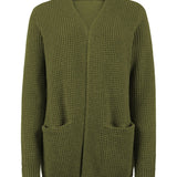 Women's long knit cardigan, green, open front with two patch pockets