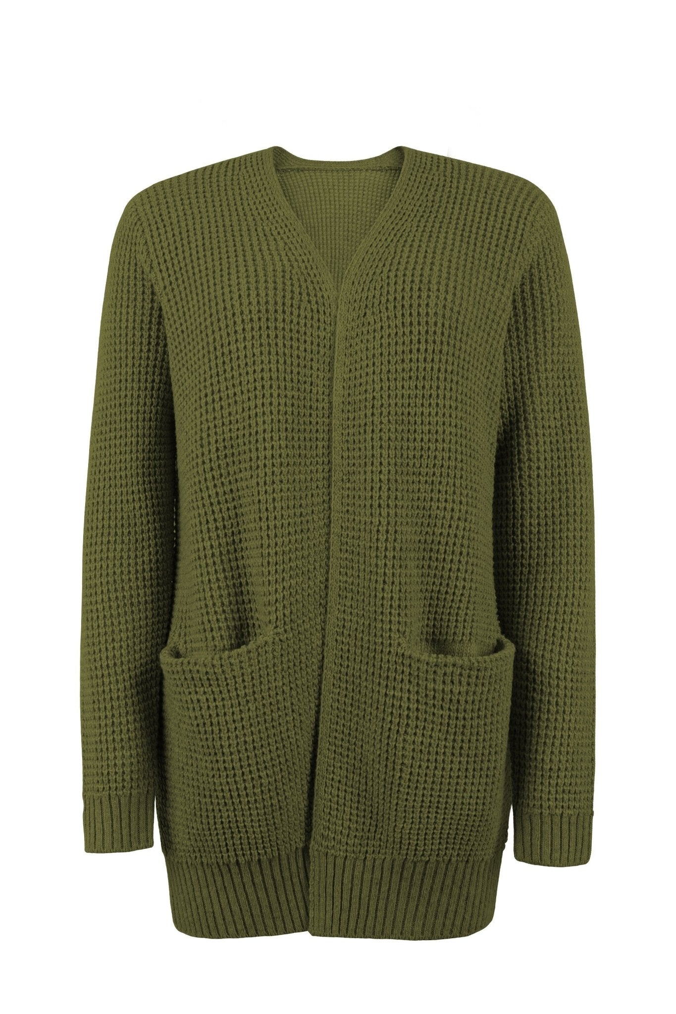 Women's long knit cardigan, green, open front with two patch pockets