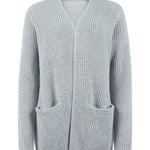 Light gray knit cardigan with open V-neck and two front patch pockets, long sleeves