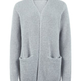 Light gray knit cardigan with open V-neck and two front patch pockets, long sleeves