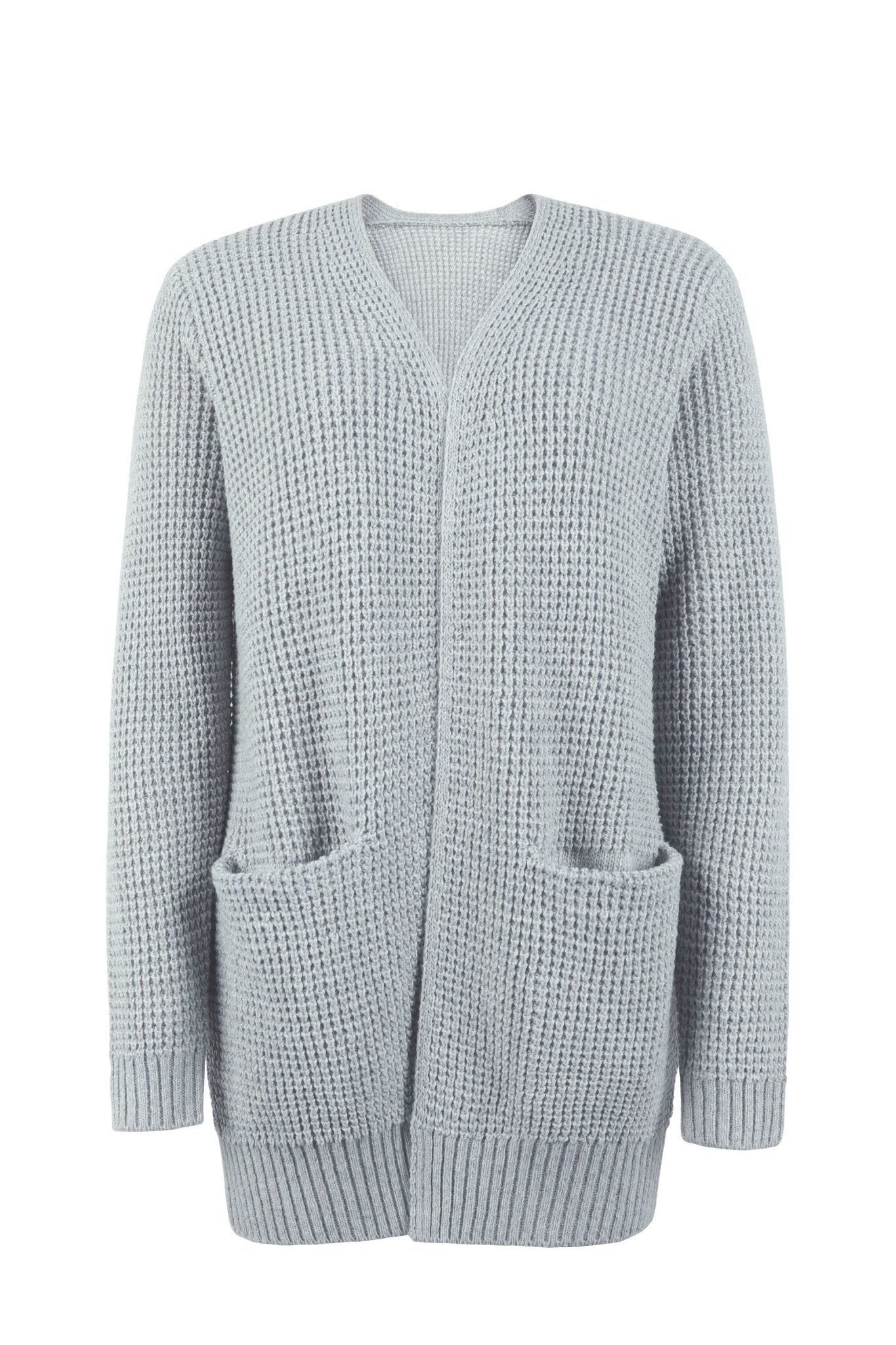 Light gray knit cardigan with open V-neck and two front patch pockets, long sleeves