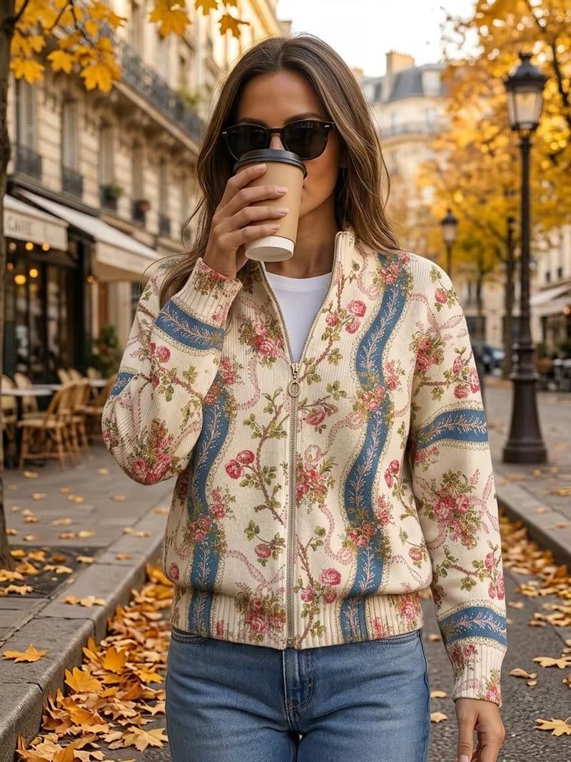 Women’s rib-knit zip-up jacket with colorful climbing rose print and side pockets