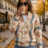Women’s rib-knit zip-up jacket with colorful climbing rose print and side pockets
