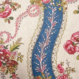 Rib-knit jacket fabric close-up with climbing rose floral and blue stripe panel