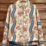 Women’s rib-knit zip jacket with climbing rose and scroll pattern, stand collar, pockets