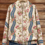 Women’s rib-knit zip jacket with climbing rose and scroll pattern, stand collar, pockets