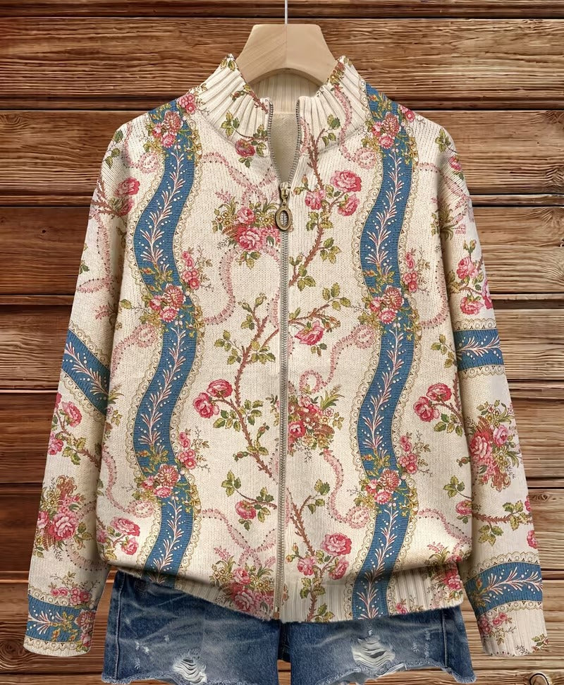 Women’s rib-knit zip jacket with climbing rose and scroll pattern, stand collar, pockets