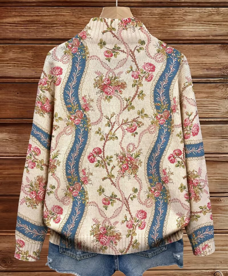 Women’s rib-knit zip jacket back view with climbing rose floral and blue panel print