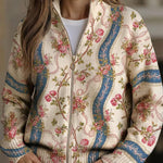 Women’s rib-knit zip jacket with climbing rose floral print, stand collar, side pockets