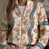 Women’s rib-knit zip jacket with climbing rose floral print, stand collar, side pockets