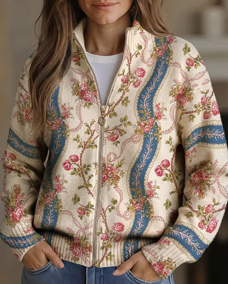 Women’s rib-knit zip jacket with climbing rose floral print, stand collar, side pockets