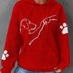 Women’s red pullover hoodie with hood and pouch pocket, dog graphic, paw-print sleeves