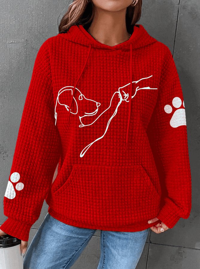 Women’s red pullover hoodie with hood and pouch pocket, dog graphic, paw-print sleeves