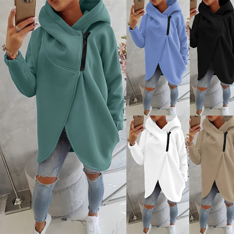Teal zip-up hoodie with hood, front pocket, and black zipper detail