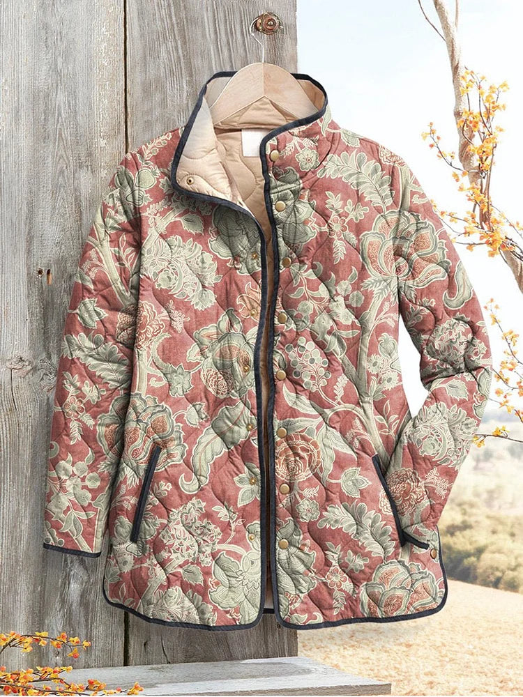 Women's vintage floral print quilted casual jacket, button front, multicolor.
