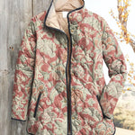 Women's vintage floral print quilted casual jacket, button front, multicolor.