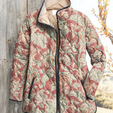 Women's vintage floral print quilted casual jacket, button front, multicolor.