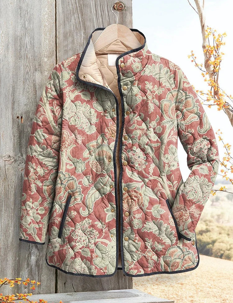 Women's vintage floral print quilted casual jacket, button front, multicolor.