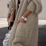Beige long knit cardigan sleeve detail with open front and side pocket