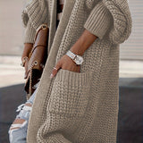 Beige long knit cardigan sleeve detail with open front and side pocket