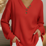 Signe™ soft henley sweater, red textured knit, long sleeves, button V-neck