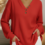 Signe™ soft henley sweater, red textured knit, long sleeves, button V-neck