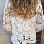 White lace cardigan back with open floral crochet and long sleeves